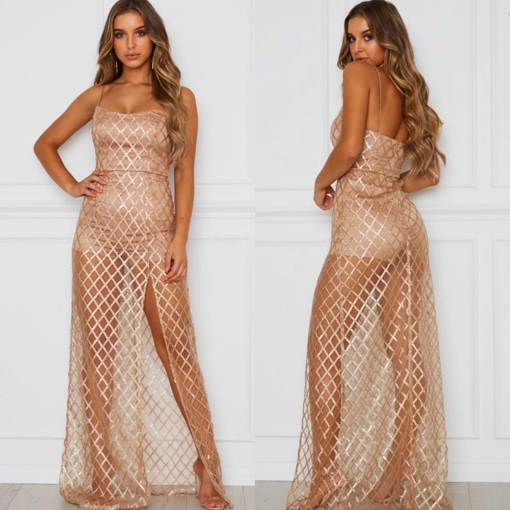 SIZE SMALL | NEW Sheer Gold Sequin Mesh Maxi Dress